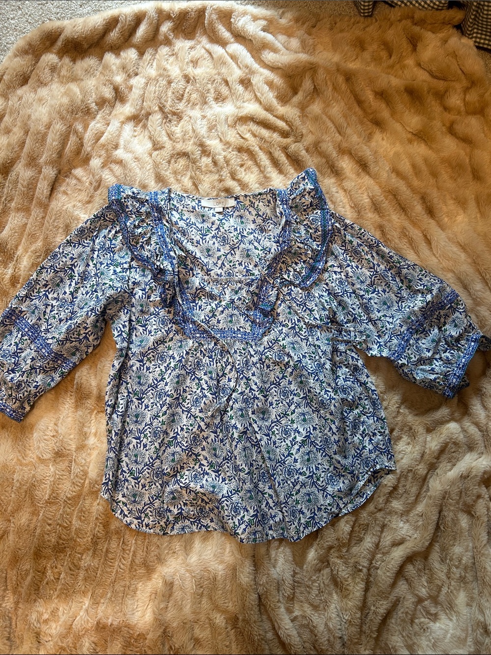 LOFT Blue Floral Ruffle-Trim Blouse